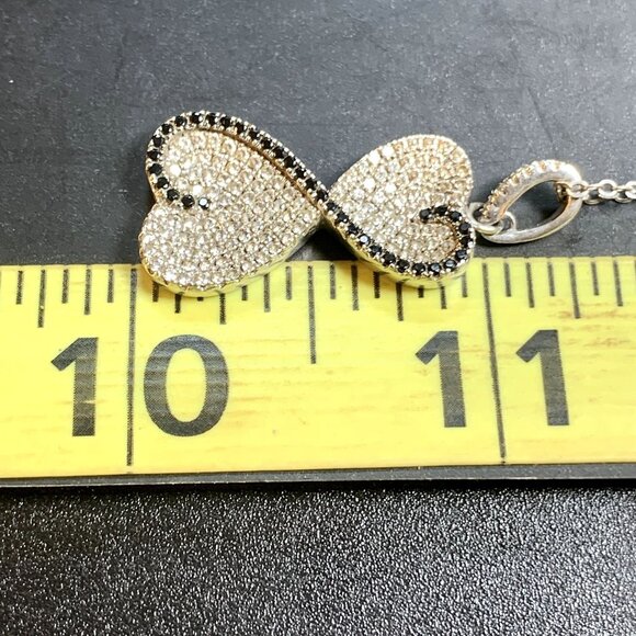 Sterling Silver 925 Diamond & Black Sapphire Hearts Pendant Necklace 18'' Length - Picture 8 of 11
